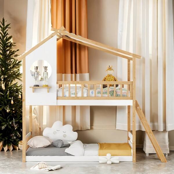 slide 2 of 20, Friendly Design Wood Bunk Bed, Twin Over Twin Natural