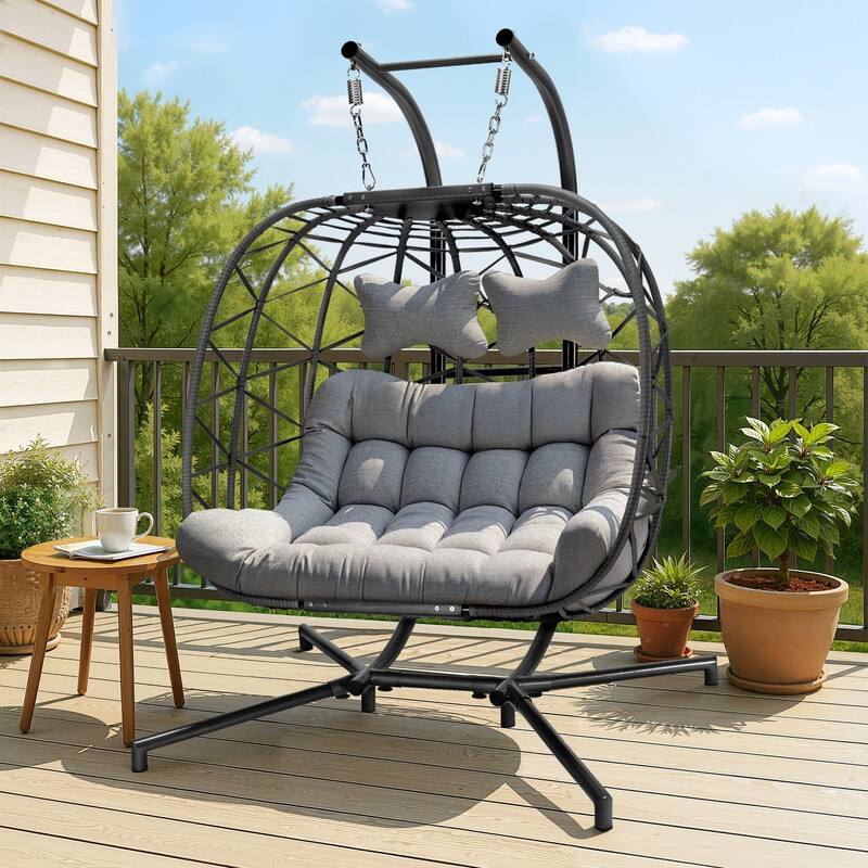Oversized Outdoor Double Egg Hanging Chair with Cushions, 700 lbs Capacity Swing Chair for Indoor or Patio - Light Grey/Grey