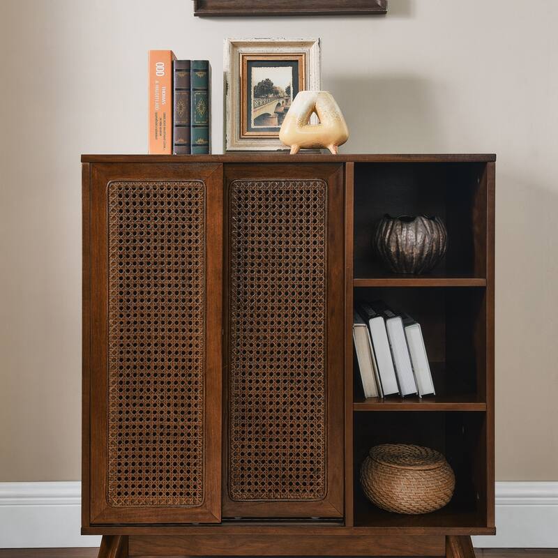 Rustic Rattan Sideboard Buffet Storage Cabinet Walnut Entry Side Cabinet