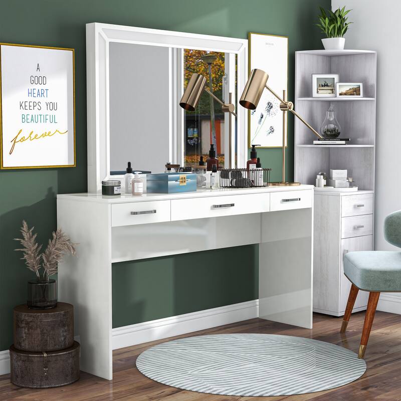 Roseanne Glam Luminous White 3-Drawer LED Wooden Vanity Set with USB by Furniture of America