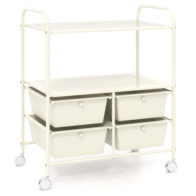 Rolling Storage Cart Metal Rack Shelf with 4 Drawers 2 Shelves - White