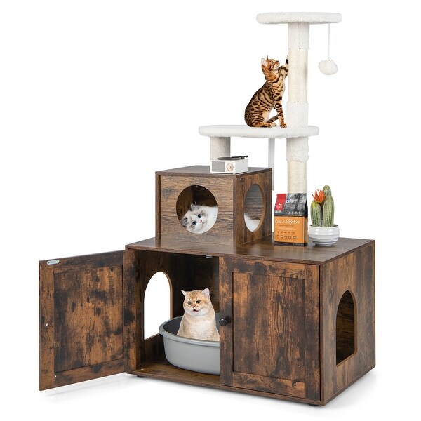 2in1 Wooden Litter Box Enclosure w Cat Tree Hidden Storage