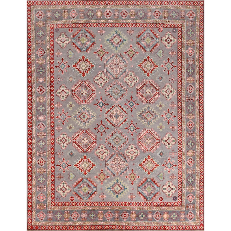 Hand Knotted Oriental 100% Wool Carpet Traditional Geometric Greys & Charcoal Kazak Area Rug - 9' 9'' X 8' 2''