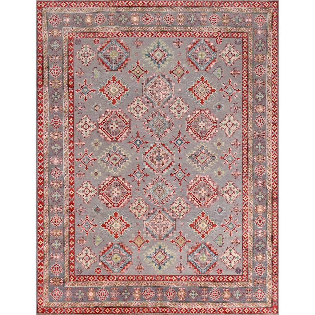 Hand Knotted Oriental 100% Wool Carpet Traditional Geometric Greys & Charcoal Kazak Area Rug - 9' 9'' X 8' 2''