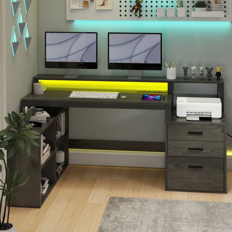 Moasis 65-inch L Shaped Computer Office Desk with Cabinet Drawers Gaming Desk w/Power Outlets & LED Lights