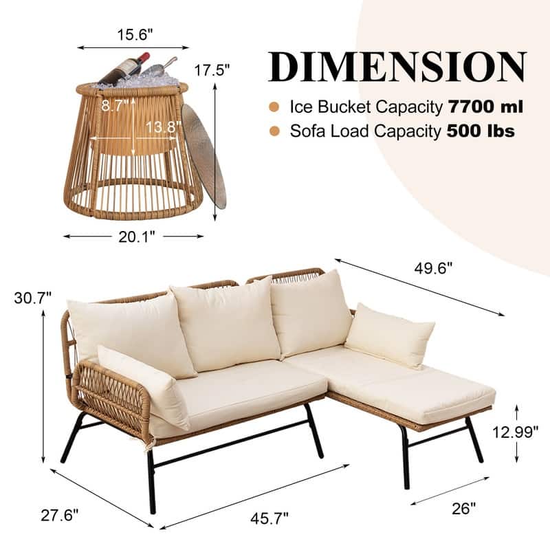 3-Piece Outdoor Boho Patio Furniture Set, L-Shaped Sectional Sofa with Ice Bucket Table, All-Weather Wicker Conversation Set