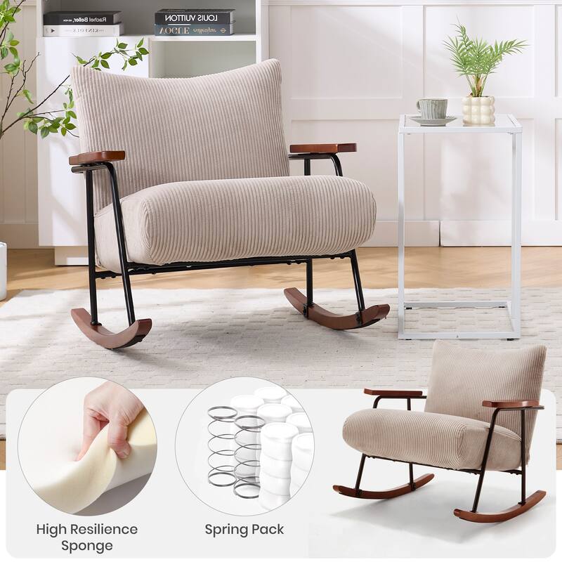 Glider Rocking Chair with Wooden Legs, Armchair with Thick Cushioned Seat, Reading Chair with Metal Frame