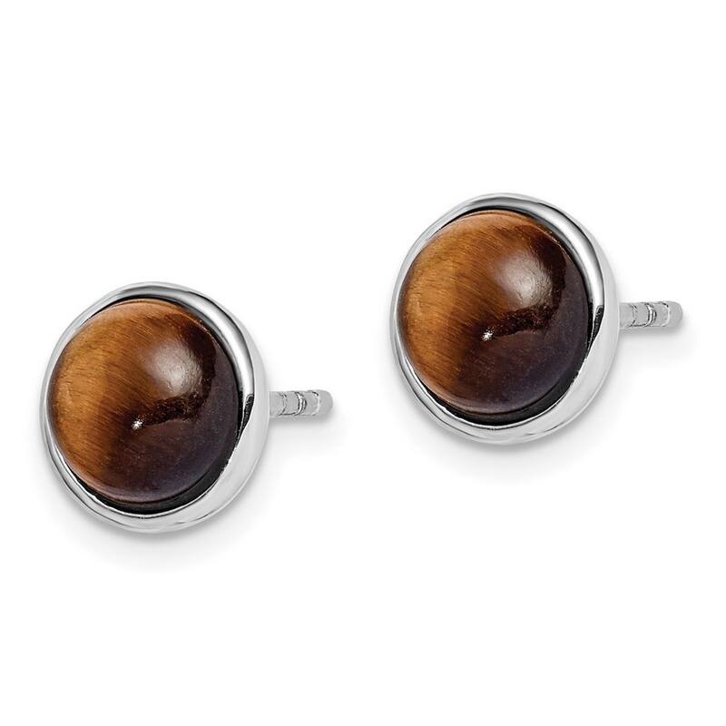Curata 925 Sterling Silver Rhodium Bezel-set 7mm Tiger's Eye Post Earrings