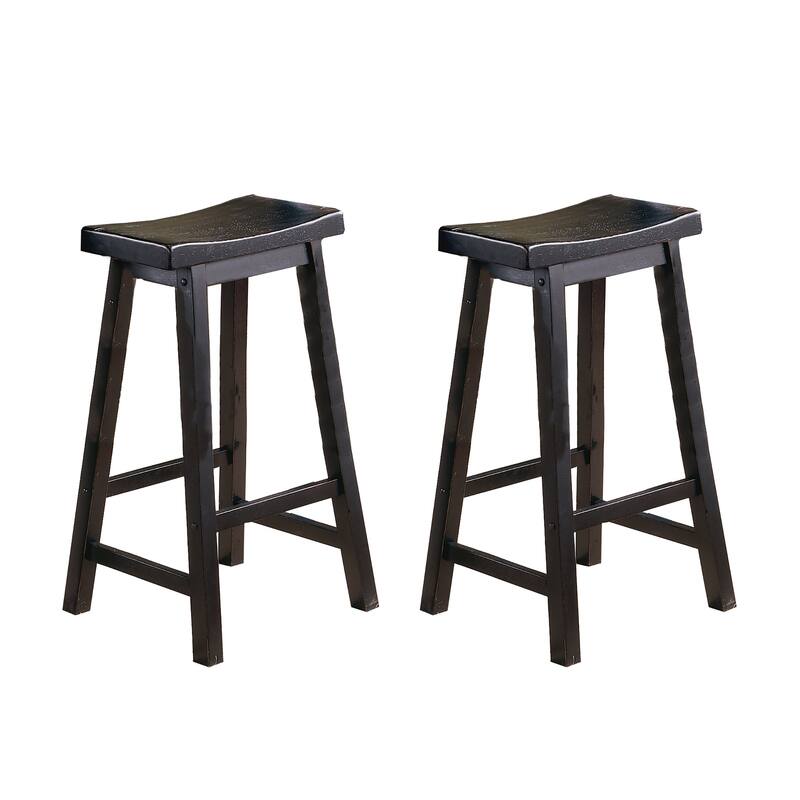 2-Piece 29" Bar Stool Set - Black Finish, Saddle Seat Solid Wood