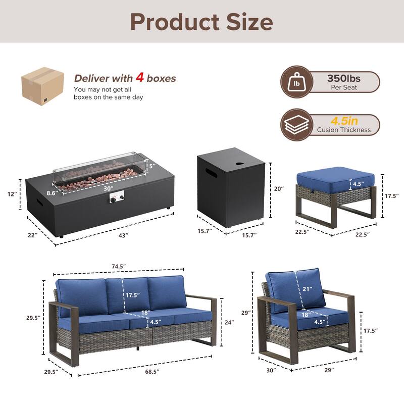 Meyreso Wicker Patio Conversation Set with Metal Fire Pit Table & 4.5-Inch Olefin Cushions