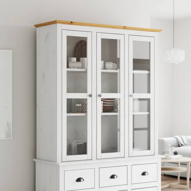 vidaXL Cabinet Storage Book Cabinet with Glass Doors BODO Solid Wood Pine - 45.5" x 14.6" x 47.6" - White, brown