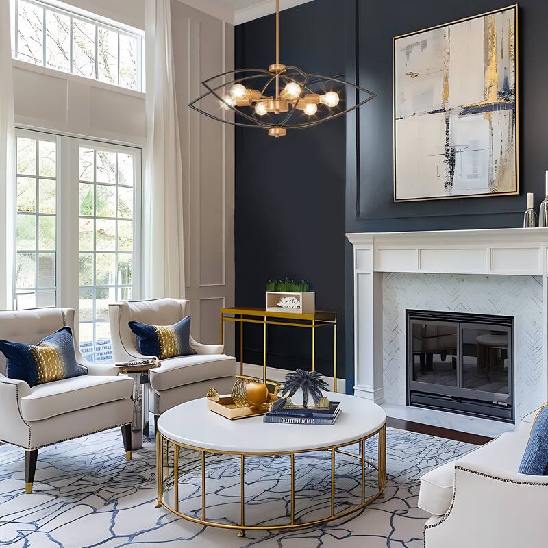 Modern 6-Light Black Gold Chandelier Metal Geometric Lights for Dining Living Foyer Spaces - D 31.5" x H 11.8"