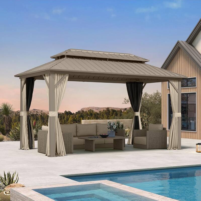 PURPLE LEAF Outdoor Hardtop Gazebo Champagne Metal Frame Galvanized Steel Double Roof with Curtains and Netting for Poolside