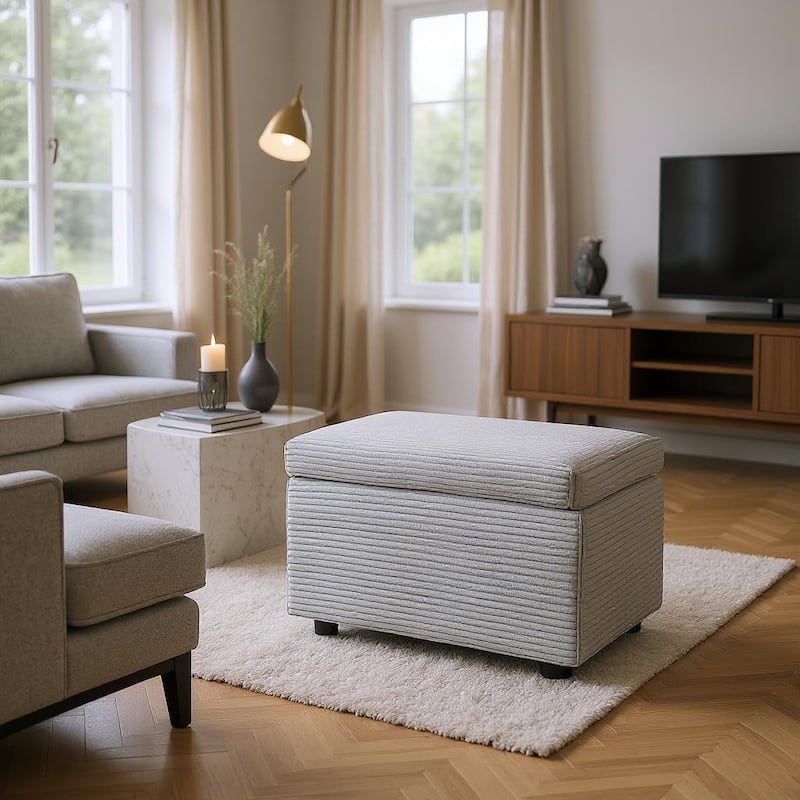 Fabric Storage Ottoman with Hidden Compartment - Light Grey - Corduroy Upholstered