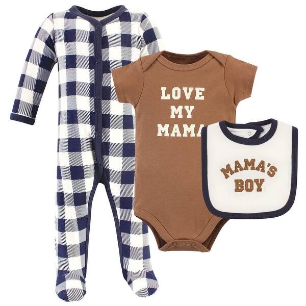 slide 1 of 1, Hudson Baby Infant Boy Cotton Sleep and Play, Bodysuit and Bandana Bib Set, Brown Navy Mamas Boy 0-3 Months - Brown Navy Mamas Boy