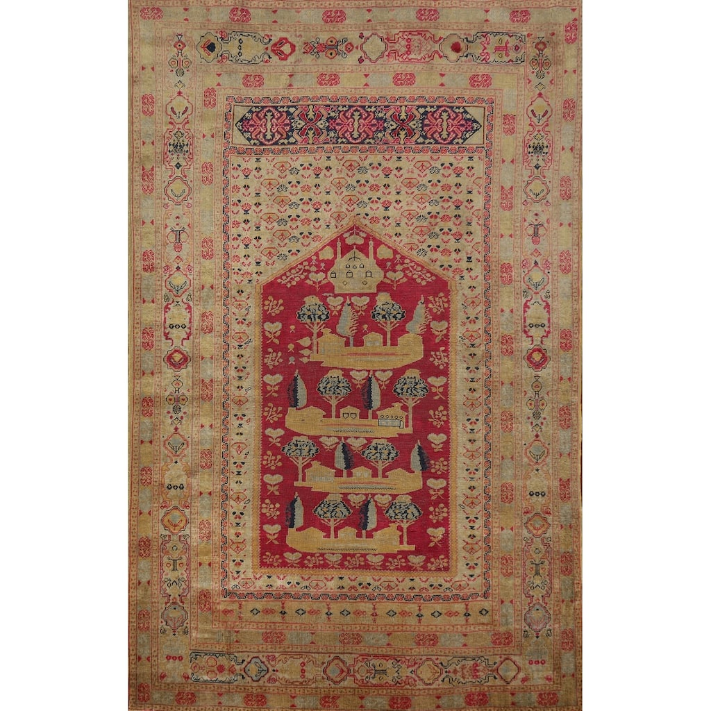 Hand Knotted Oriental Silk Carpet Transitional Geometric Pink Anatolian Area Rug - 5' 11'' X 3' 9''