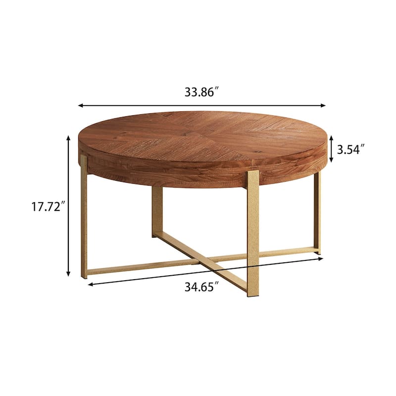 33.86" Modern Round Coffee Table Metal & Wood Splicing Round Coffee Table,Fir Wood Table Top With Gold Cross Legs Base