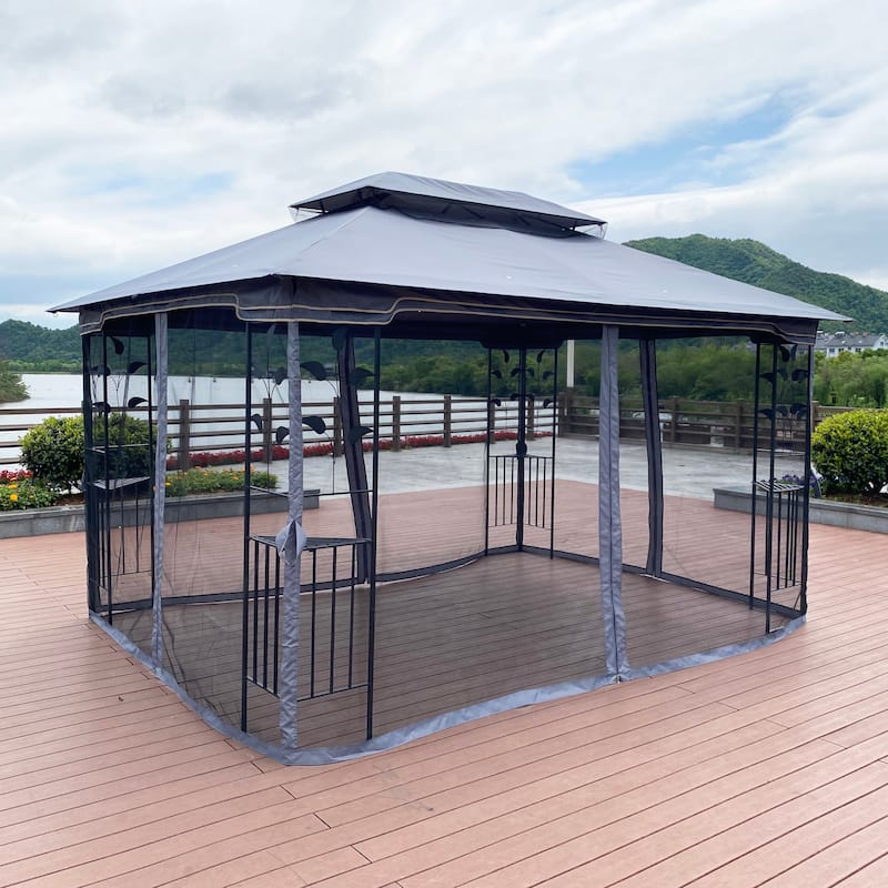 13x10 FT Patio Steel Gazebo, Canopy Tent with Ventilated Double Roof, Mosquito Netting & Privacy Screens for Garden, Backyard