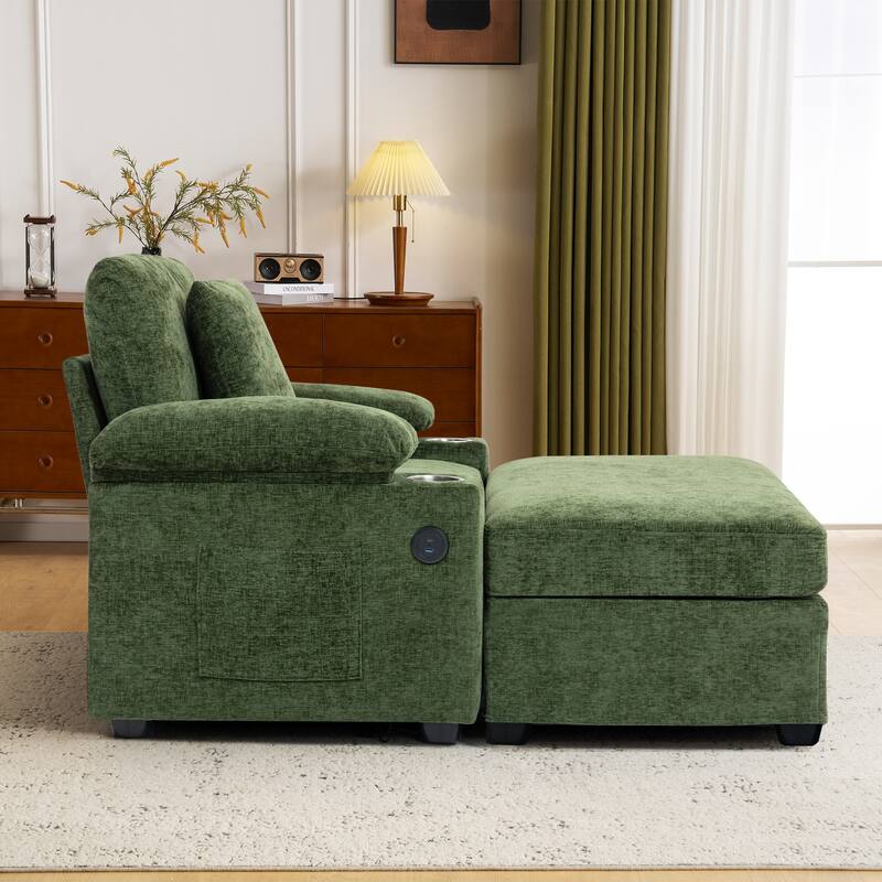 Modern Chenille Fabric Sofa Bed with Cupholders and USB Charging Ports