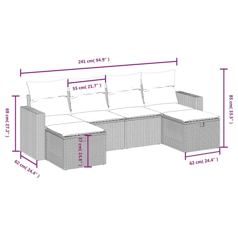 vidaXL Patio Sofa Set with Cushions Outdoor Furniture 6 Piece Poly Rattan
