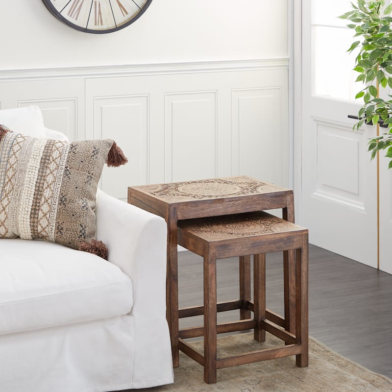 Mango Wood Floral Handmade Intricately Carved Accent Table with Carved Tabletops - Set of 2 Brown or White - Roche River Decor