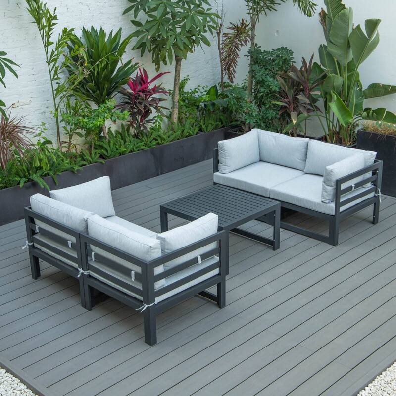 LeisureMod Chelsea 5-Piece Outdoor Patio Sectional and Coffee Table Set with Cushions - Grey