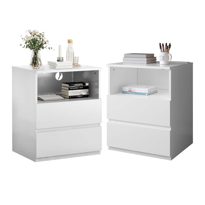 Nightstand with Charging Station, Sofa Side Table with Open Shelves & 2 Drawers, Large Capacity Wood Storage Cabinet