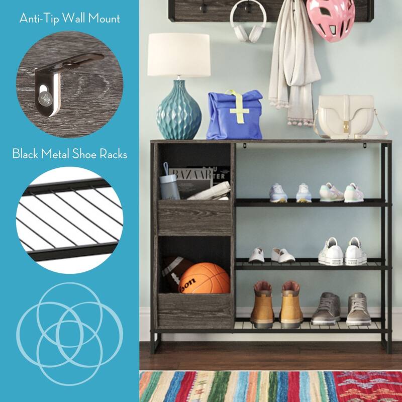 RiverRidge Afton Entryway Shoe Storage Organizer with 3 Shoe Racks and 2 Shoe Organizer Boxes - Weathered Woodgrain