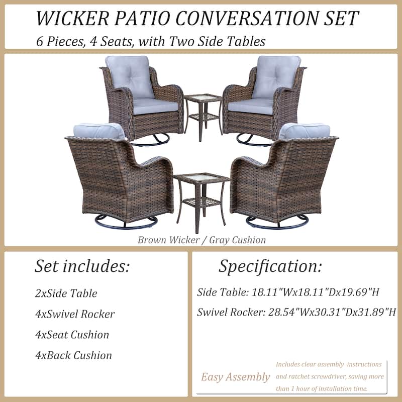 6 Piece Outdoor High Back Wicker Patio Conversation Swivel Chairs Sets