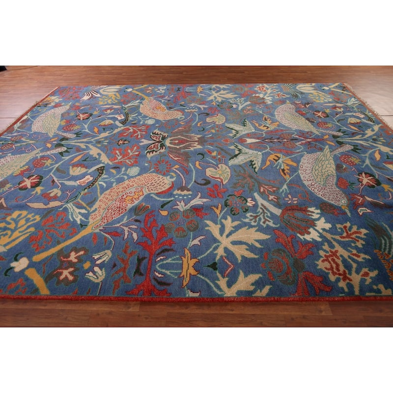 Animals Design Blue Ziegler Oriental Area Rug Hand-Knotted Wool Carpet - 9'11" x 13'8"