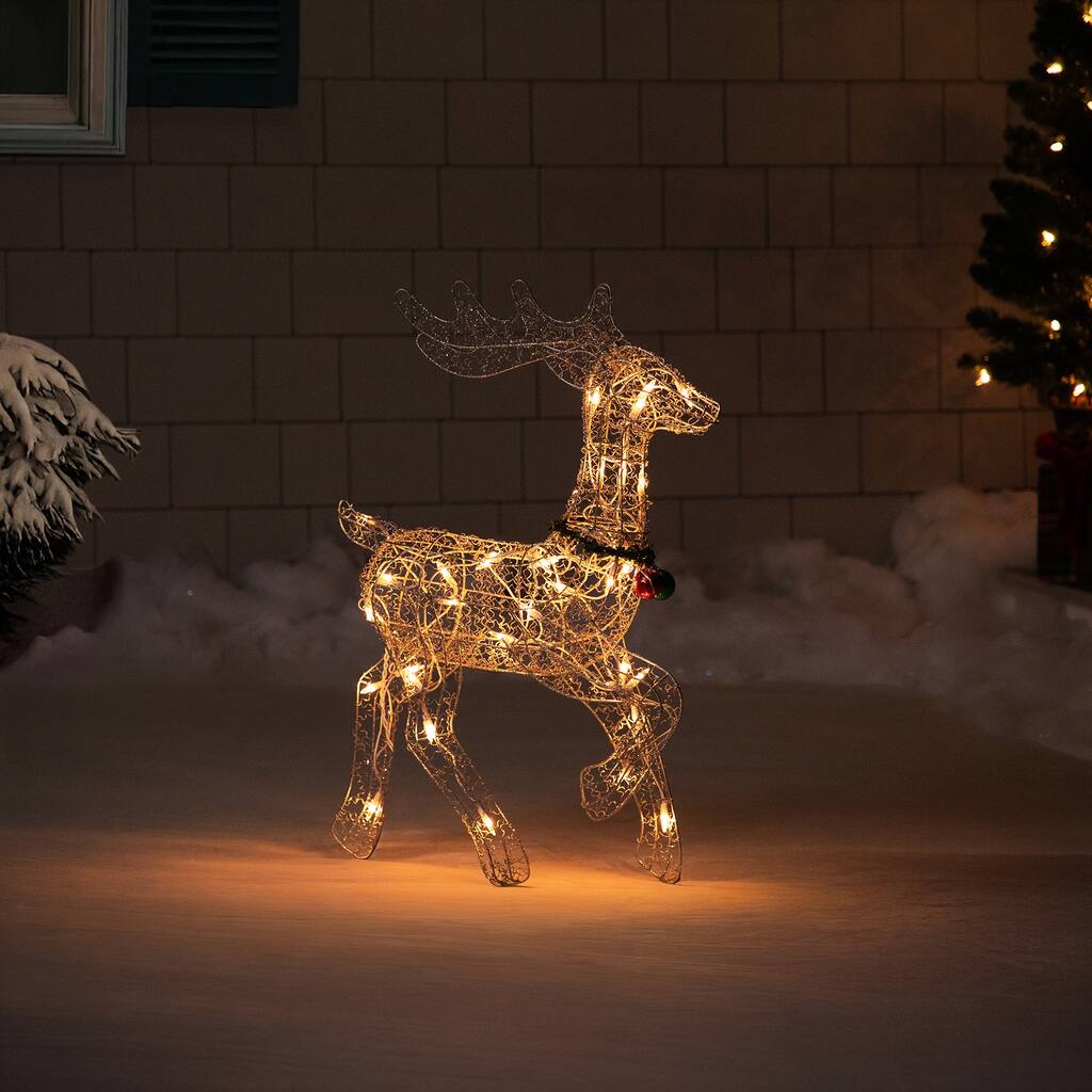 25.5" Silver Green Lighted Prancing Reindeer Christmas Decoration - White