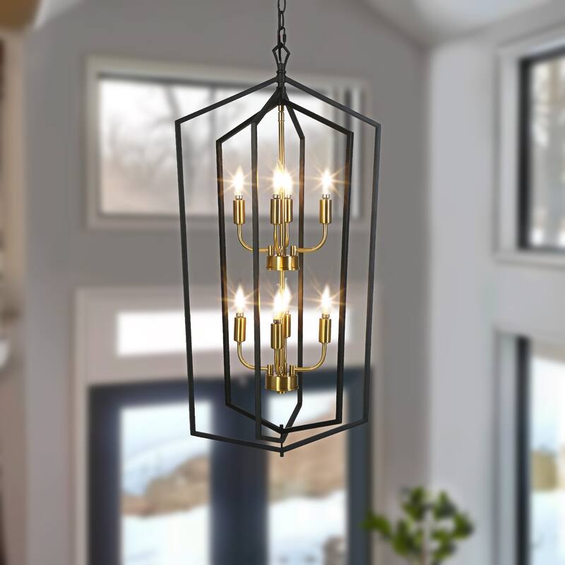 Modern 8-Light Geometric Chandelier Black Copper Lantern Pendant for Kitchen Dining Room - 17.7 " × 14.3 " × 34.3 "