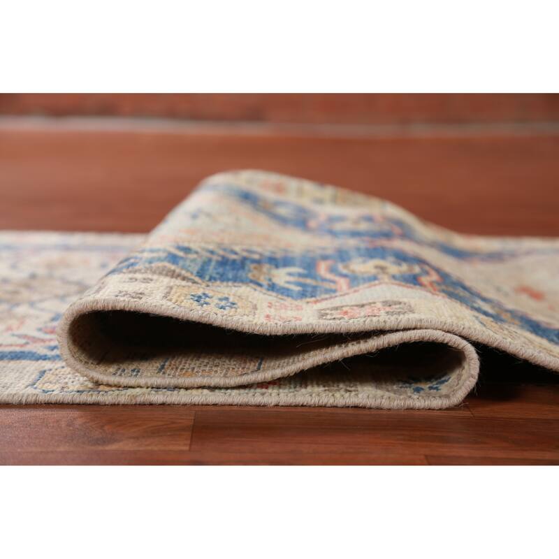 Hand Knotted Oriental 100% Wool Carpet Transitional Geometric Navy Blue & Blues Oushak Runner Rug - 9' 11'' X 2' 7''