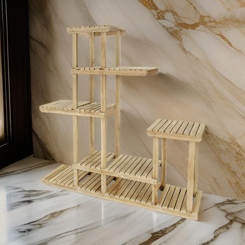 67 Inch Flower, Plant Stand, Multi Tier Shelf Design, Natural Teak Wood
