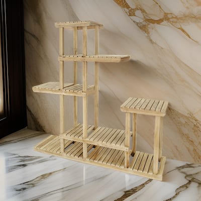 67 Inch Flower, Plant Stand, Multi Tier Shelf Design, Natural Teak Wood