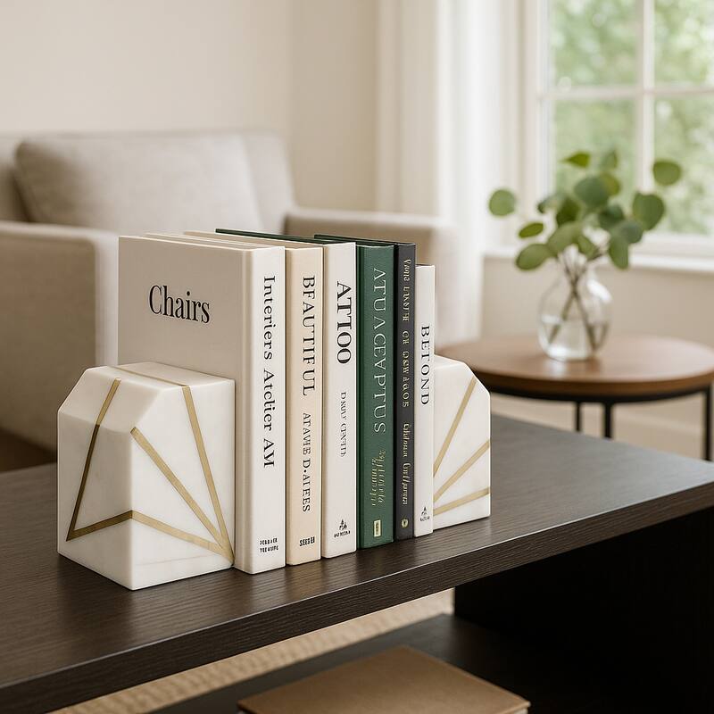 Modern Bookends with Marble and Brass Inlay for Home Decor - Set of 2, 5"