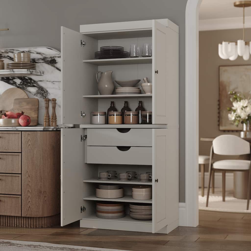 Solid Wood Tall Freestanding Kitchen Pantry Cabinet with Doors & 2 Drawers, Adjustable Shelves, Modular Storage, 32" W x 71.5" H