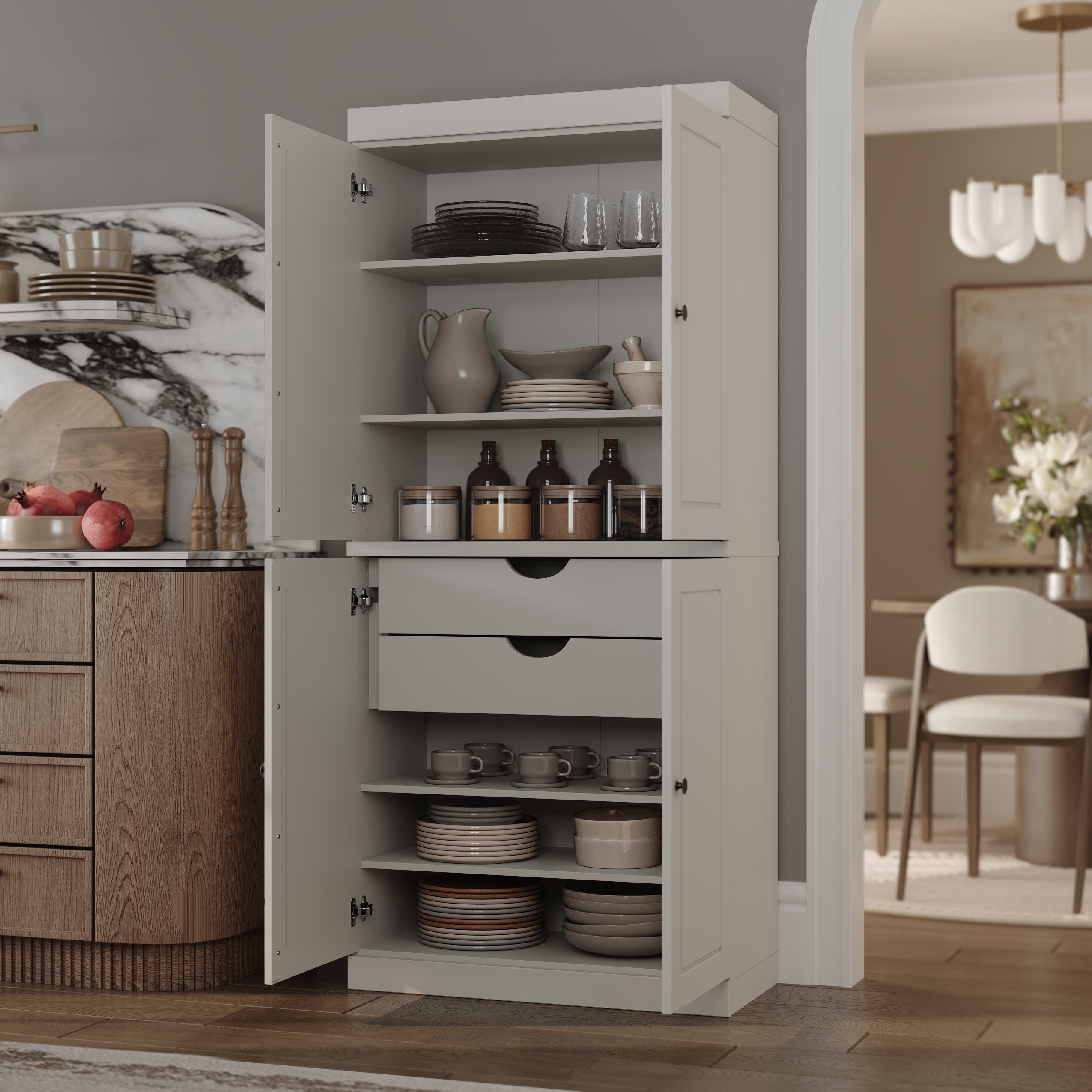 Palace Imports 100% Solid Wood Tall Raised Panel Pantry Cabinet with 2 Drawers, 32" W x 71.5" H