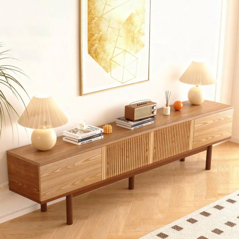 86.6" Solid Wood TV Stand with Slatted Door Design, Media Console for 90" TVs, - 86.6"Wx15.7"Dx20.8"H
