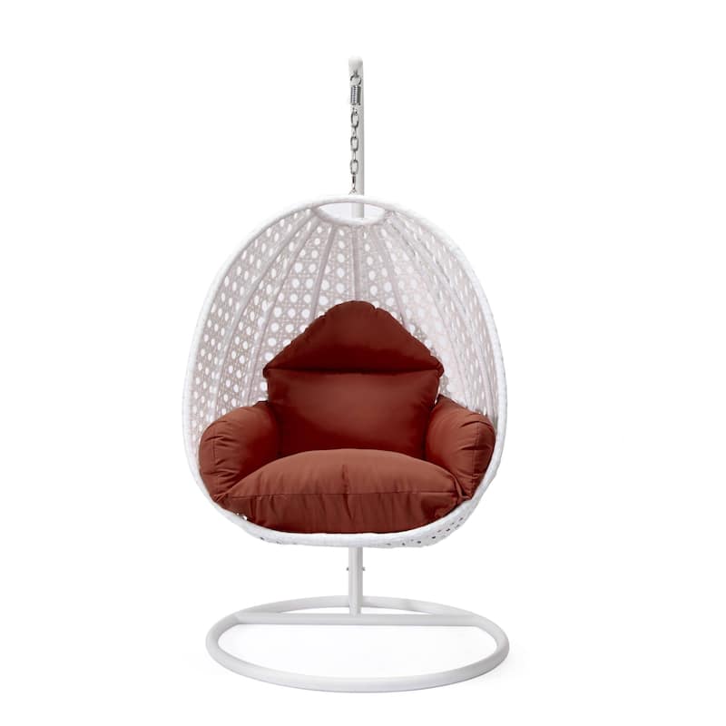 Patio Hanging Egg Swing Chair with White Wicker Shell and Iron Frame for Indoor Outdoor Patio Porch Garden Backyard