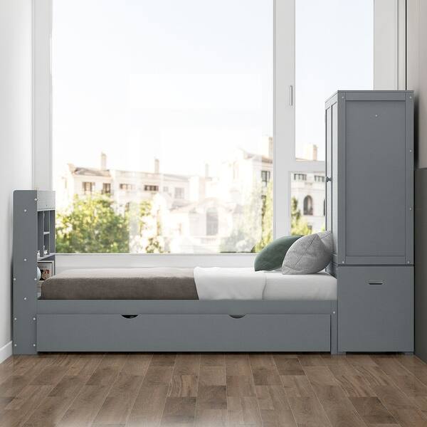 slide 2 of 27, Twin Size Platform Bed with Storage Headboard and Footboard, Pull Out Shelves and Twin Size Trundle Grey