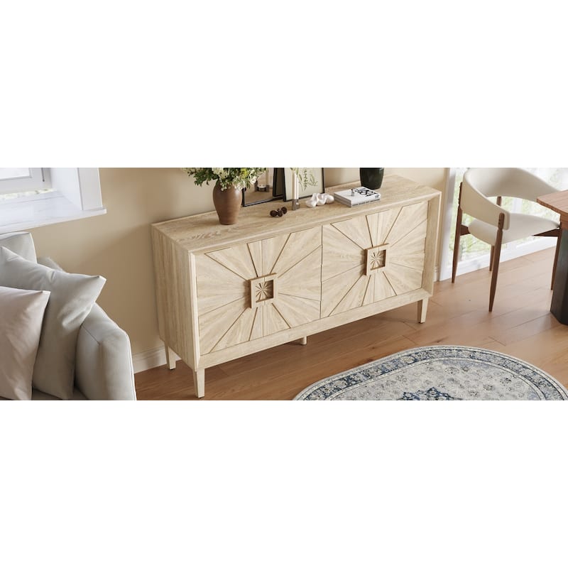 60" Sideboard Buffet Cabinet with Storage, Sunburst 4 Door Wooden Accent Cabinet for Living Room Entryway, Rustic Console Table