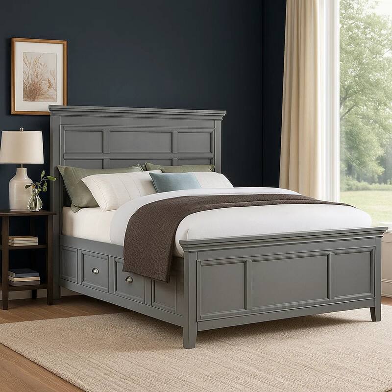 Lile Full Bed with Crown Moulding, Storage Drawers, Gray Solid Wood
