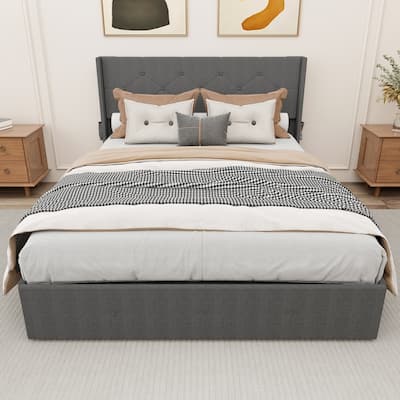 Modern Wingback Platform Bed with Gas Lift Storage