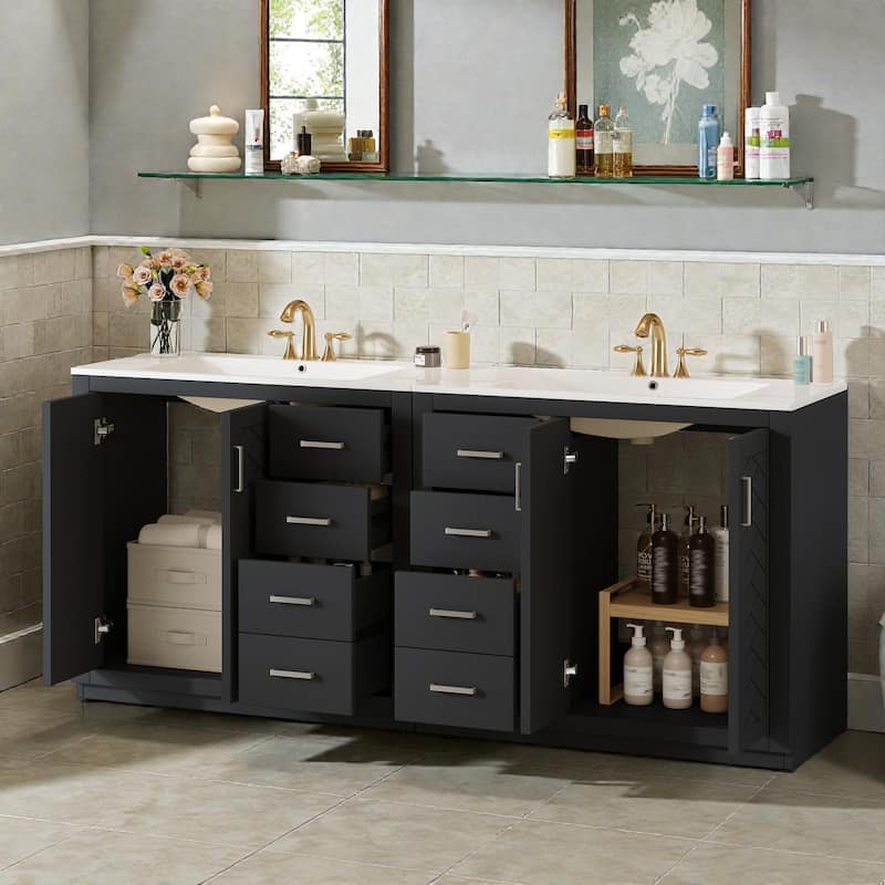 72" Solid Wood Freestanding Bathroom Vanity with Dual Ceramic Sinks, Double Storage Cabinet with Drawers and Soft-Close Doors