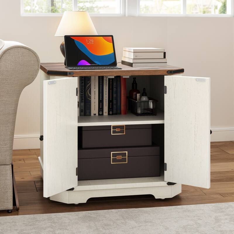 Moasis End Table with Charging Station, Farmhouse Side Table with Storage and Shelves
