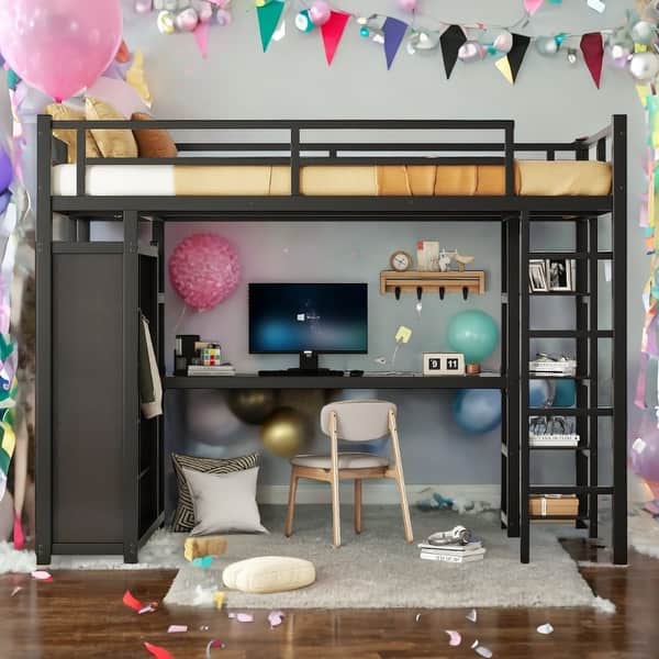 slide 2 of 8, Black Metal Loft Bed with Desk and Wardrobe Black