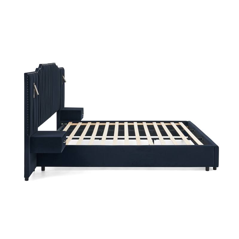 King/Queen Velvet Bed Frame with Vertical Stitch Headboard & Side Table