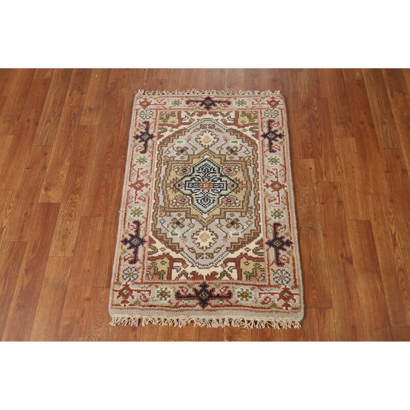Hand Knotted Oriental 100% Wool Carpet Traditional Medallion Greys & Charcoal Heriz (serapi) Area Rug - 3' 0'' X 2' 0''