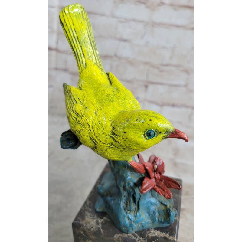 Bronze Metal Colorful Yellow Finch Songbird Bird Sculpture Statue Figurine Marble Base